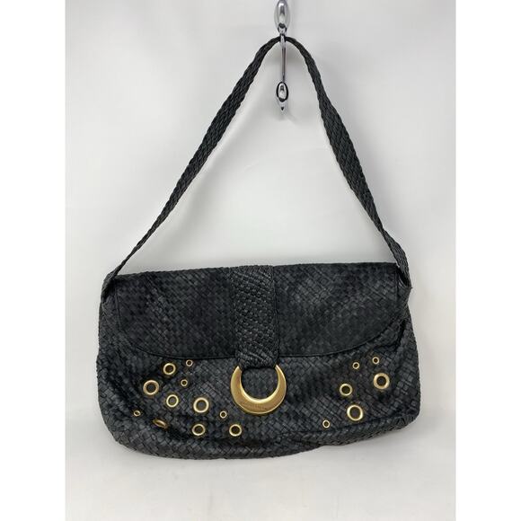 Elliott Lucca Black Leather Shoulder Bag Weaved Gold Grommets Hobo Bag Flap - Picture 1 of 10